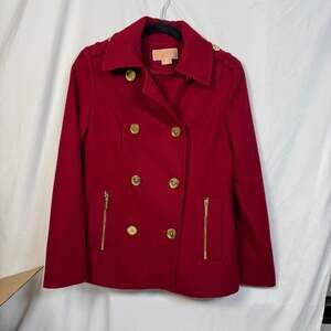 Michael Kors Red Wool Blend Double-Breasted Peacoat with Gold Hardware